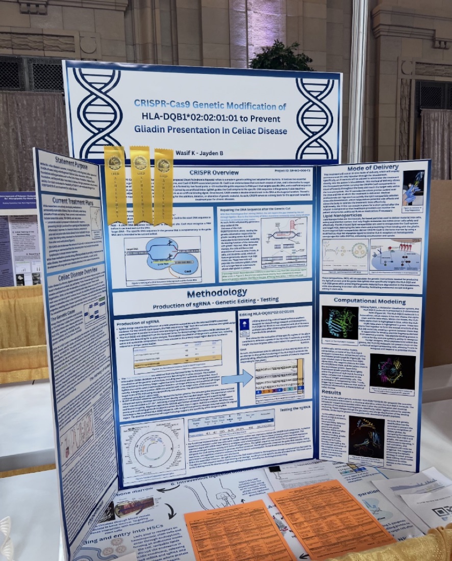 The project's fair display board, titled “CRISPR-Cas9 Genetic Modification of HLA-DQB1*02:02:01:01 to Prevent Gliadin Presentation In Celiac Disease”, credited to Wasif K and Jayden B, with three award ribbons pinned to it.
